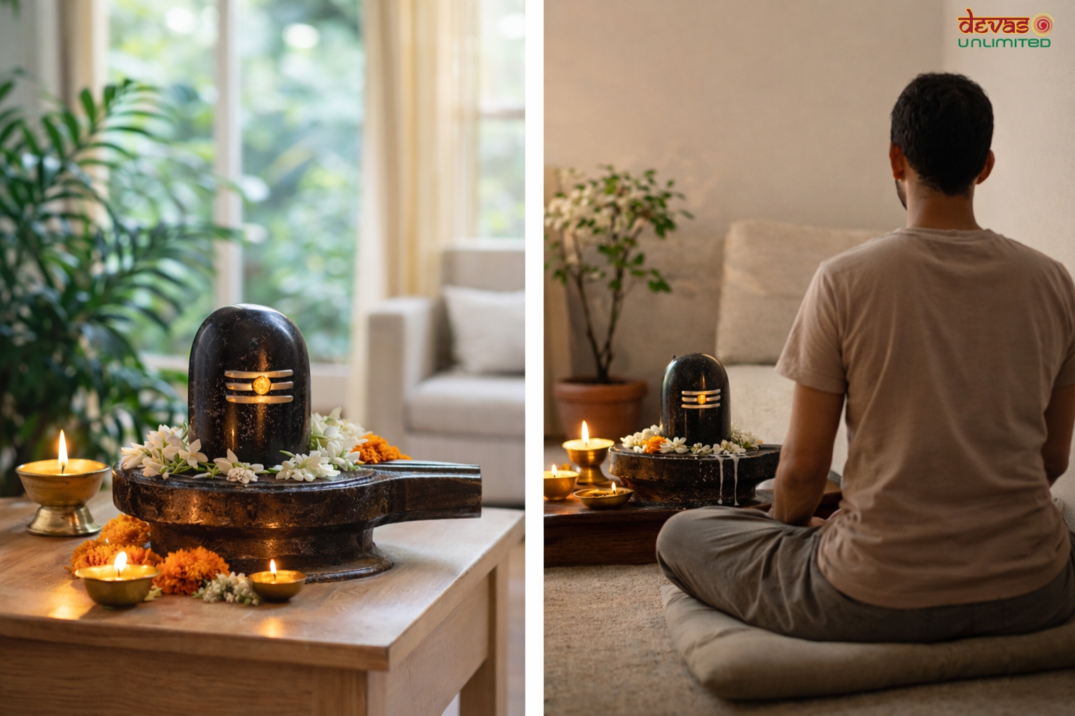 Shiva lingam with flowers and oil lamps, man meditating at home.