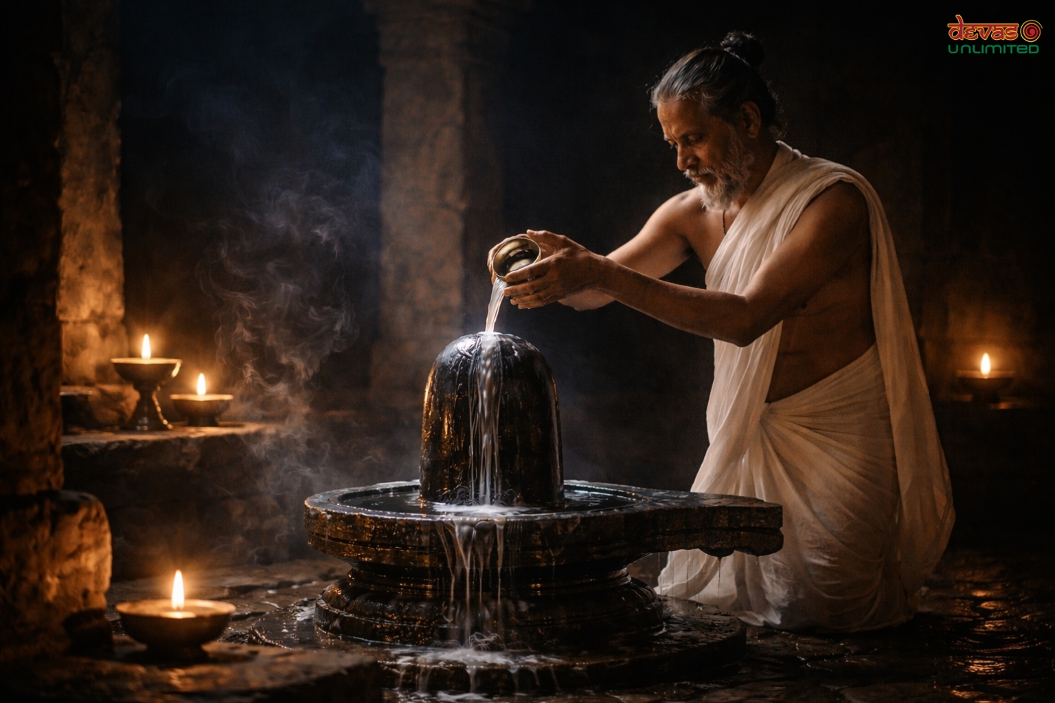 Priest performing Abhishekam on a Shivling with milk during Shivratri ritual.