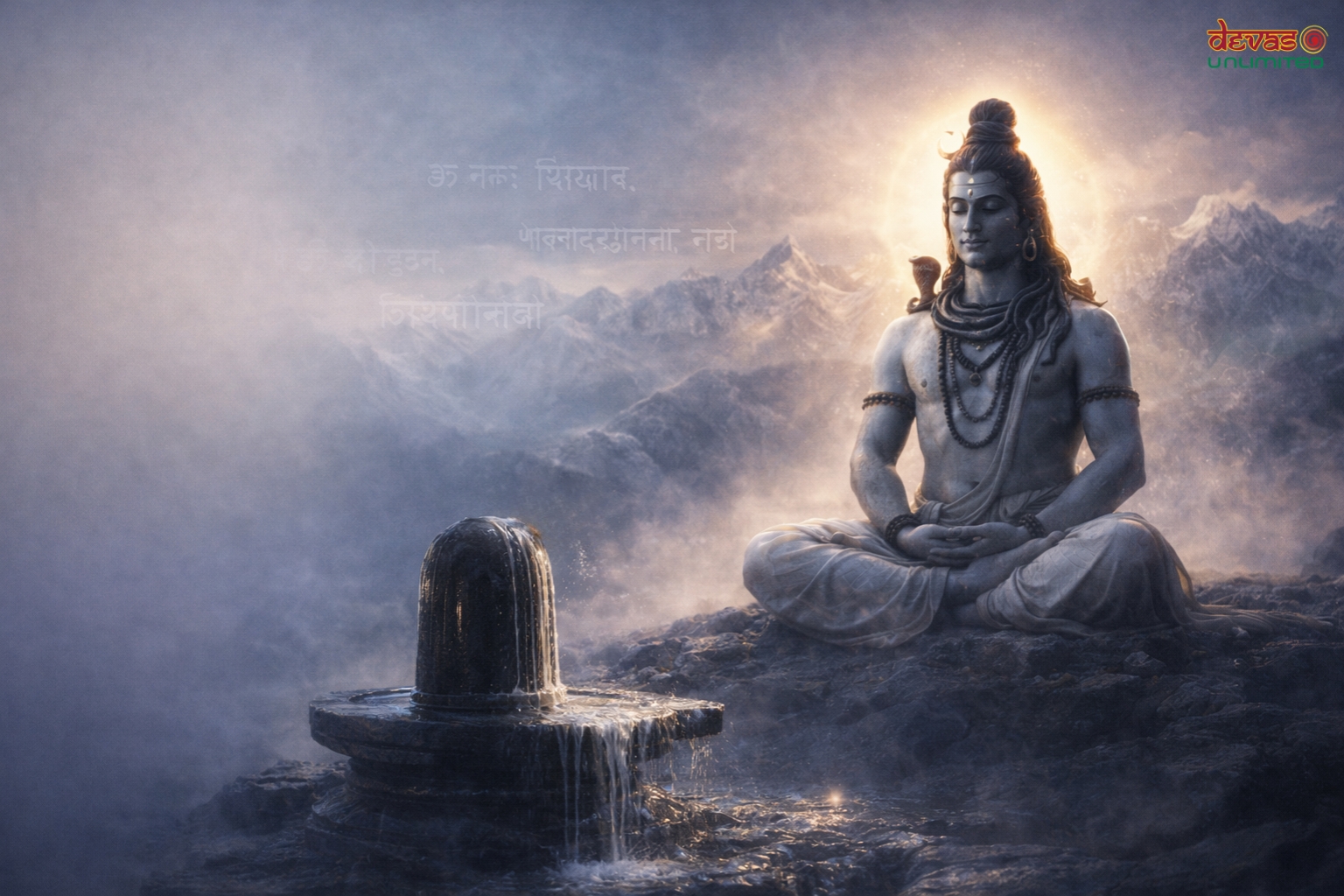 Lord Shiva meditating beside a Shivling in a misty Himalayan landscape.