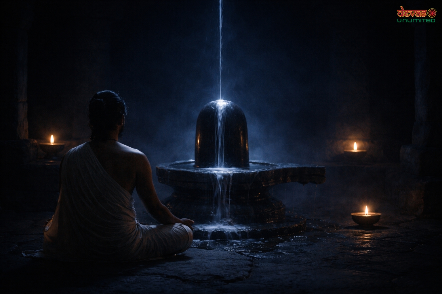 Devotee meditating before a Shivling during Abhishekam on Shivratri.