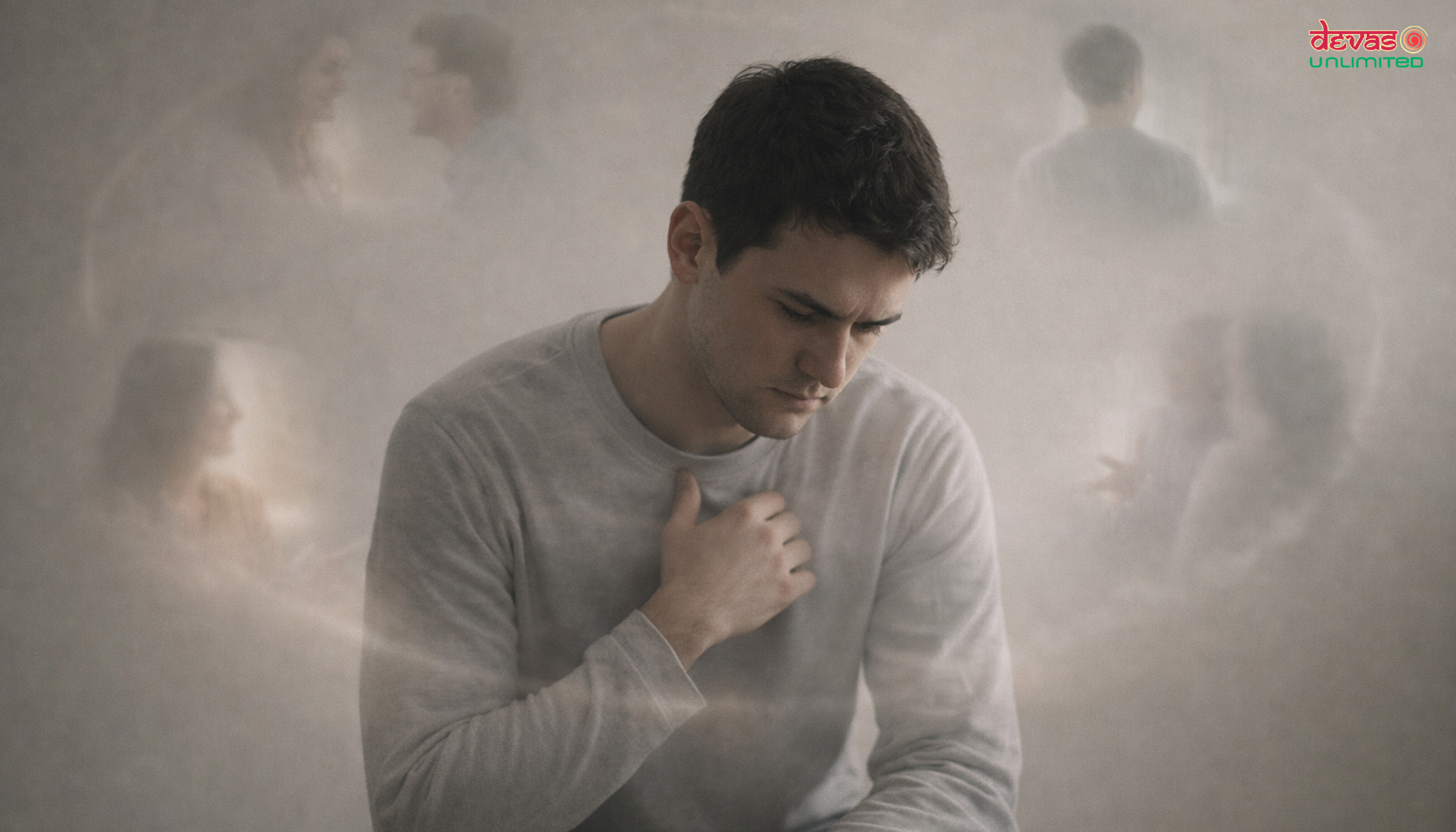 Person sitting alone looking uneasy with blurred memory-like moments of connection and confusion surrounding them