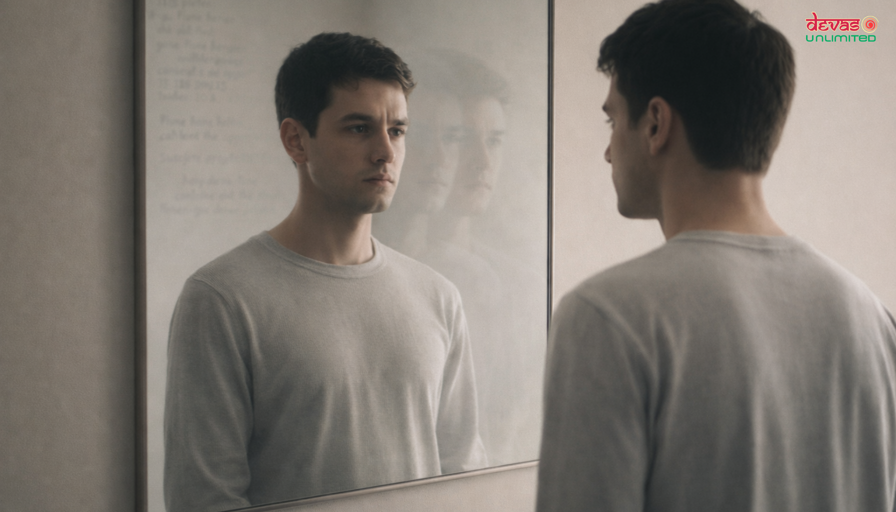 Person looking at their reflection in a mirror showing subtle self-doubt and identity confusion