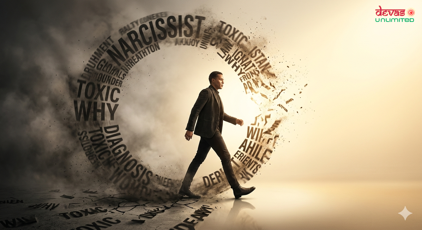 Person walking out of a circle of words like narcissist, toxic, and diagnosis, symbolizing breaking free from emotional manipulation and confusion